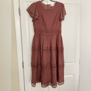 Bohme midi dress mauve pink with flutter short sleeves eyelet crochet detail - M